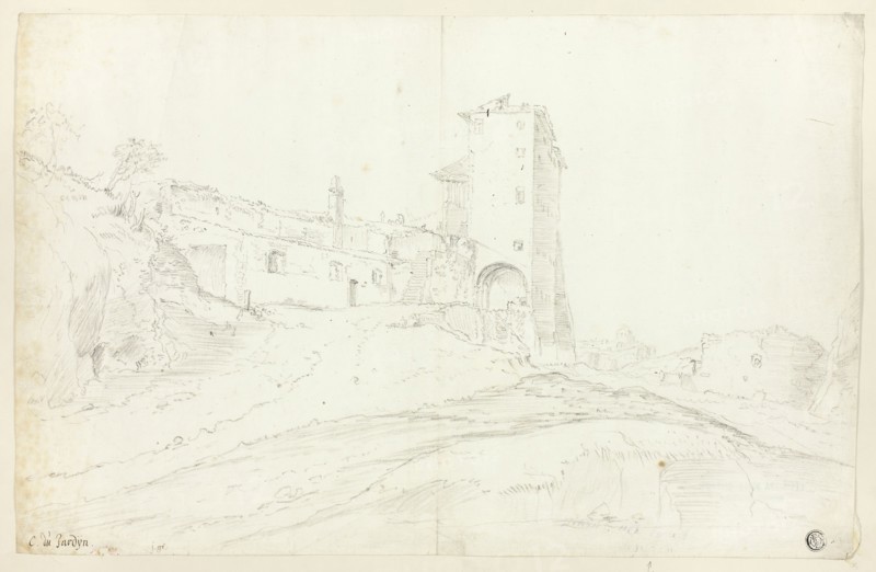Buildings Amid Ruins in Roman Campagna, n.d., Guilliam Dujardin, Dutch, c. 1597-after 1647, Netherlands, Black chalk on ivory laid paper, 258 x 400 mm