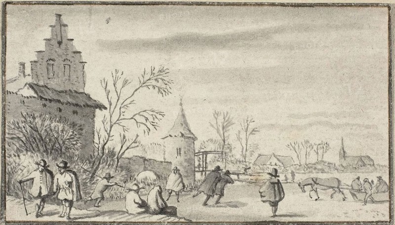 Skaters on Pond Outside Town, n.d., Attributed to Allart van Everdingen, Dutch, 1621-1675, Holland, Brush and gray wash over traces of black chalk on ivory laid paper, tipped onto laid paper, 49 x 86 mm