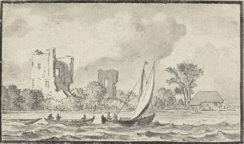 Three Boats on a River with Ruins Along the Shore, n.d., Attributed to Allart van Everdingen, Dutch, 1621-1675, Holland, Brush and gray wash over traces of black chalk on ivory laid paper, tipped onto laid paper, 50 x 86 mm