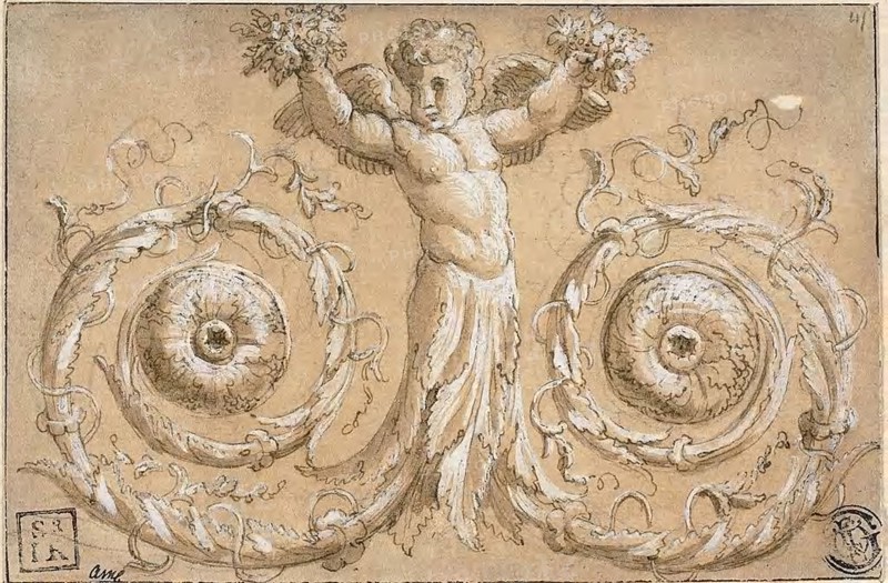 Ornamental Decoration, n.d., Attributed to Charles Errard II, French, c. 1606-1689, France, Pen and brown ink, with brush and brown wash, heightened with white gouache, over traces of graphite, on buff laid paper, laid down on ivory laid paper, 86 × 129 mm