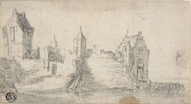 Fortified Buildings on Water’s Edge, n.d., Attributed to Simon de Vlieger (Dutch, c. 1600-1653), or Jan van Goyen (Dutch, 1596-1656), Holland, Black chalk with brush and blue-gray wash on ivory laid paper, 98 x 180 mm