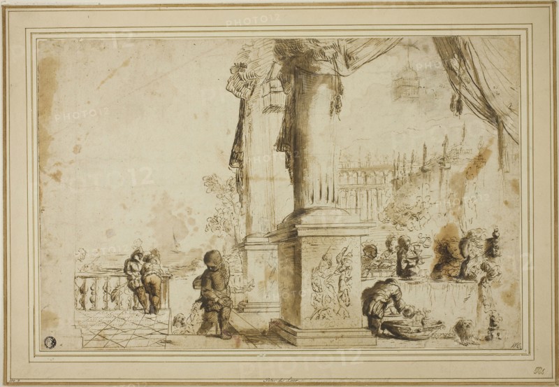 Banquet Scene on Terrace, n.d., Unknown Artist, Italian, 17th century, Italy, Pen and brown ink, with brush and brown wash and graphite, on cream laid paper, laid down on cream laid card, 264 x 410 mm