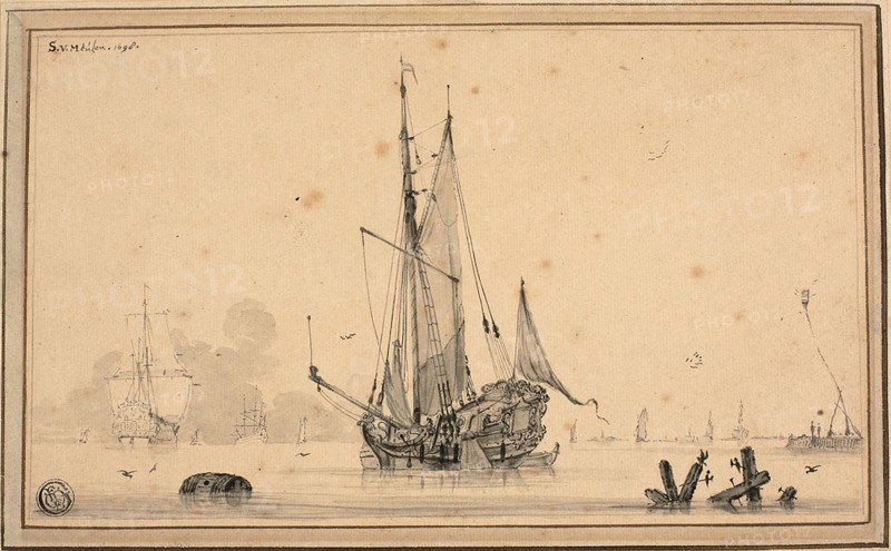 Harbor Scene with Ships at Rest and Piling, 1698, Sieuwert van der Meulen, Dutch, c. 1698-1730, Netherlands, Brush and black ink and gray wash, with traces of graphite, on tan laid paper, laid down on tan wove card, 152 x 245 mm