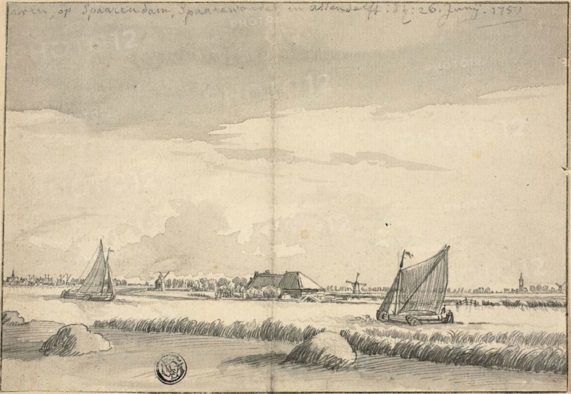 Sailboats on Canal near Spaarendam, 1751, Attributed to Jan de Beyer (Swiss, 1698-1790), or Pieter de Molijn (Dutch, 1595-1661), Switzerland, Pen and gray ink with brush and gray wash over graphite, on ivory laid paper, tipped onto cream laid card, 126 x 181 mm