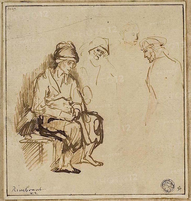 Woman Seated on Bench and Three Sketches of Heads, n.d., School of Rembrandt van Rijn, Dutch, 1606-1669, Netherlands, Pen and brown ink, with touches of brush and brown ink wash, on cream laid paper, 140 x 133 mm