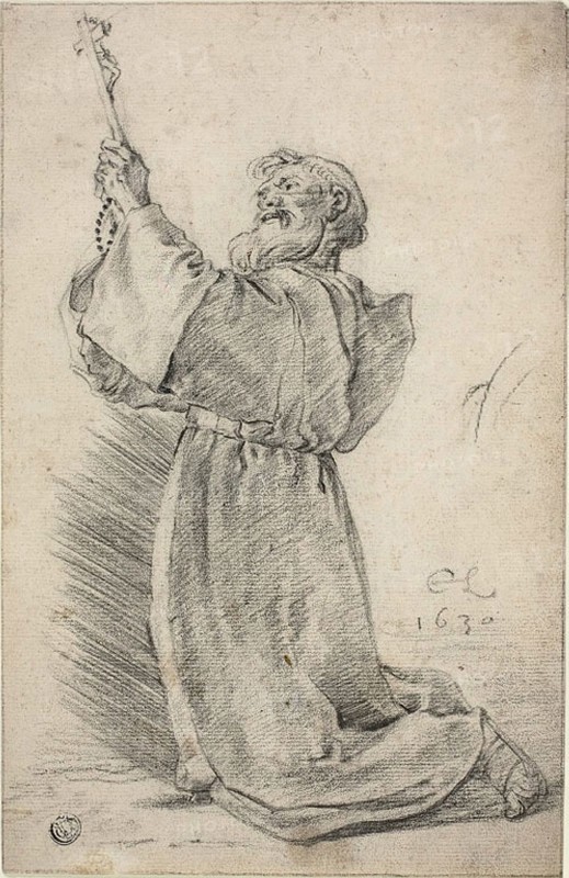 Kneeling Monk Holding a Crucifix, 1630, Cornelis Saftleven, Dutch, 1607-1681, Holland, Black chalk on cream laid paper, 290 x 189 mm