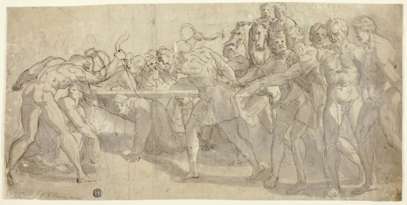 Calvary, n.d., Rombout van Troyen (Netherlandish, c. 1605-c. 1650), or the style of Raymond de Lafage (French, 1656-1690), Netherlands, Pen and brown ink, with brush and brown-gray wash, over black chalk, on ivory laid paper, tipped onto tan wove paper, 224 x 452 mm