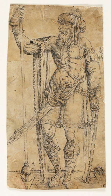 Sultan in Armor, n.d., Possibly Marten van Heemskerck (Netherlandish, 1498-1574), or possibly Melchior Lorichs (Danish, 1527-c. 1588), Germany, Pen and black ink on tan laid paper, laid down on ivory laid paper, 153 x 82 mm