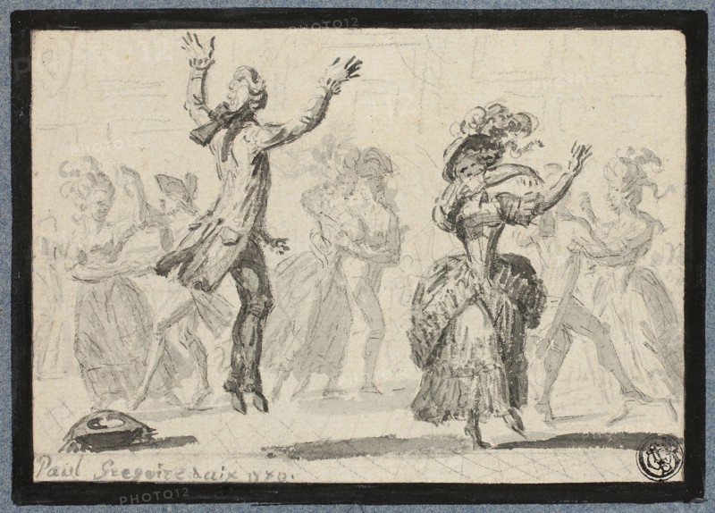 Ladies and Gentlemen Dancing, c. 1780, Paul Grégoire, French, fl. 1781-1823, France, Brush and gray wash with black crayon, on ivory laid paper, laid down on card, 98 × 143 mm