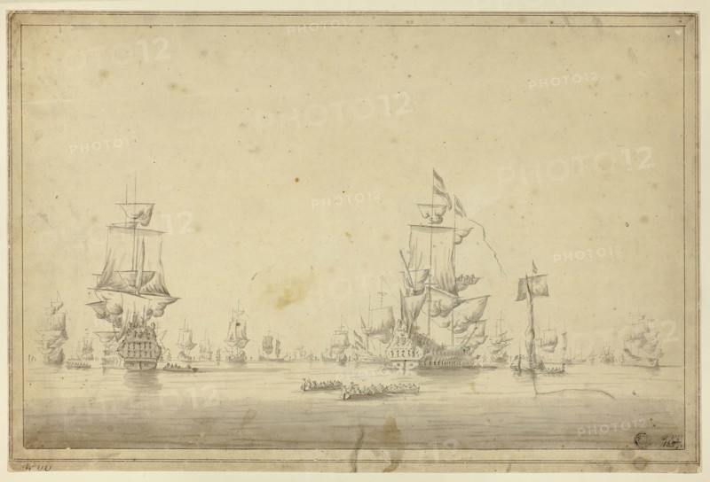 Fleet of Ships Anchored at Sea, n.d., Imitator of Willem van de Velde, II, Dutch, 1633-1707, Holland, Pen and black ink, with brush and gray wash, on cream laid paper, laid down on board, 276 x 415 mm