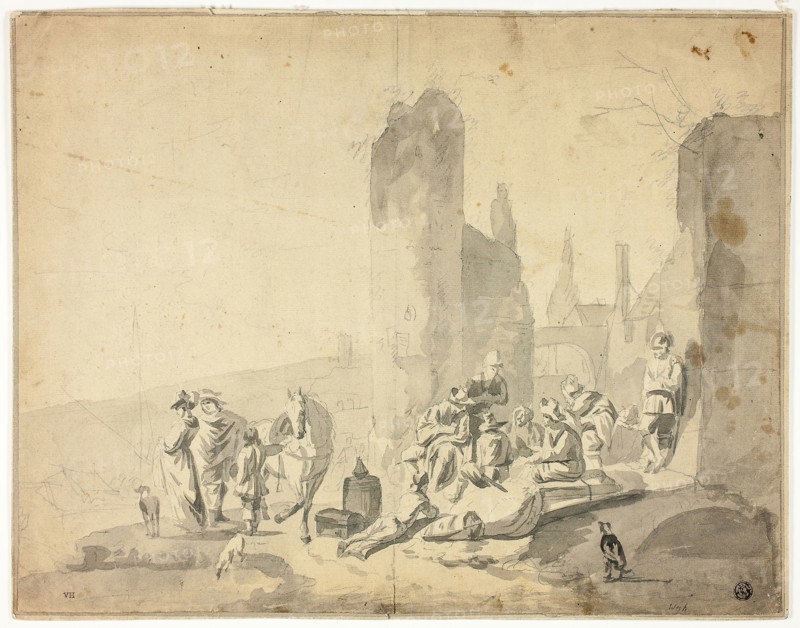 Harborside Scene with Various Figures, n.d., Hendrik Verschuring (Dutch, 1627-1690), or Thomas Wyck (Dutch, 1616-1677), or Nicolaes Berchem the Elder (Dutch, 1621/22-1683), Netherlands, Graphite, with brush and gray wash, on tan laid paper, laid down on card, 315 x 405 mm