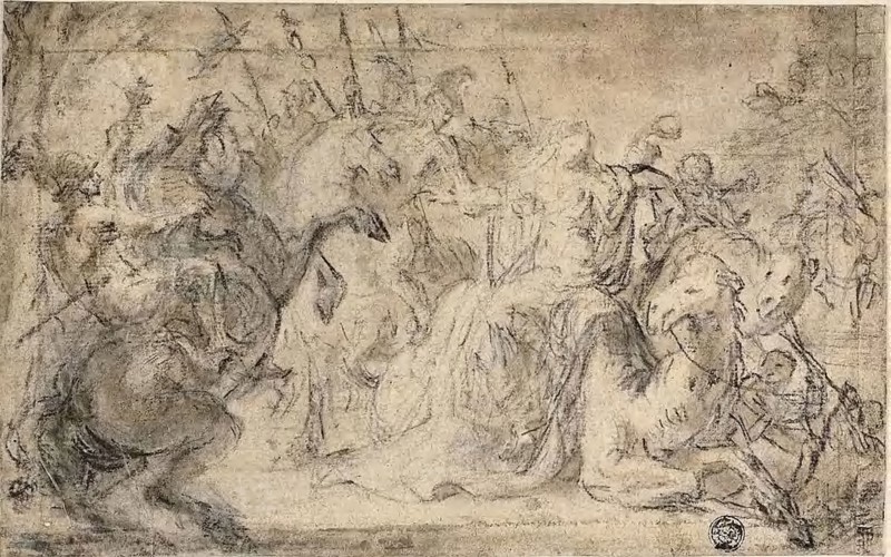 Zenobia Surrounded by Mounted Soldiers, n.d., Attributed to Justus van Egmont (Flemish, 1601-1674), or Philip Wouverman (Dutch, 1619-1668), Flanders, Black chalk with brush and brown wash and touches of graphite, on cream laid paper, pieced together and laid down on board, 159 × 253 mm