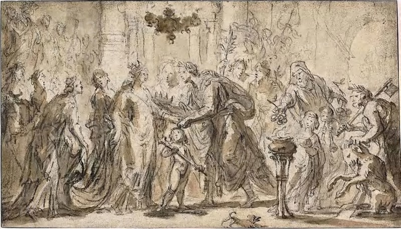 The Marriage of Zenobia and Odenatus, n.d., Justus van Egmont, Flemish, 1601-1674, Flanders, Black chalk with brush and brown wash on ivory laid paper, laid down on ivory laid paper, 182 × 319 mm