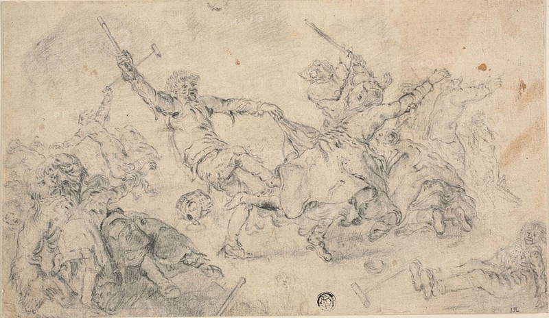 Peasants in a Brawl, n.d., Attributed to Cornelis Moninckx (Dutch, c. 1623-1666), or Adriaen Pietersz. van de Venne (Dutch, 1589-1662), Flanders, Graphite with black chalk on ivory laid paper, laid down on card, 162 × 278 mm