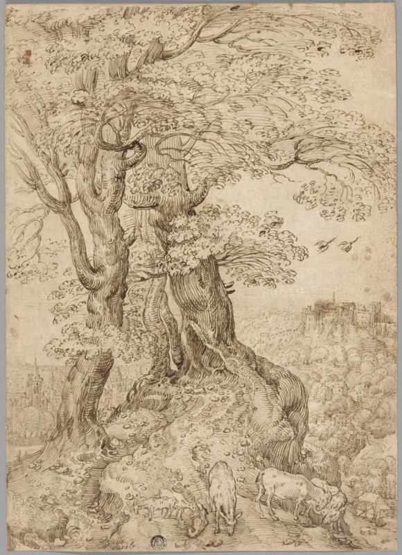 Wooded Landscape with Donkeys and Goats, and Castle on Hill in Distance, 1569, after Pieter Bruegel, the elder, Flemish, 1525/30-1569, Flanders, Pen and brown ink on cream laid paper, 345 × 246 mm