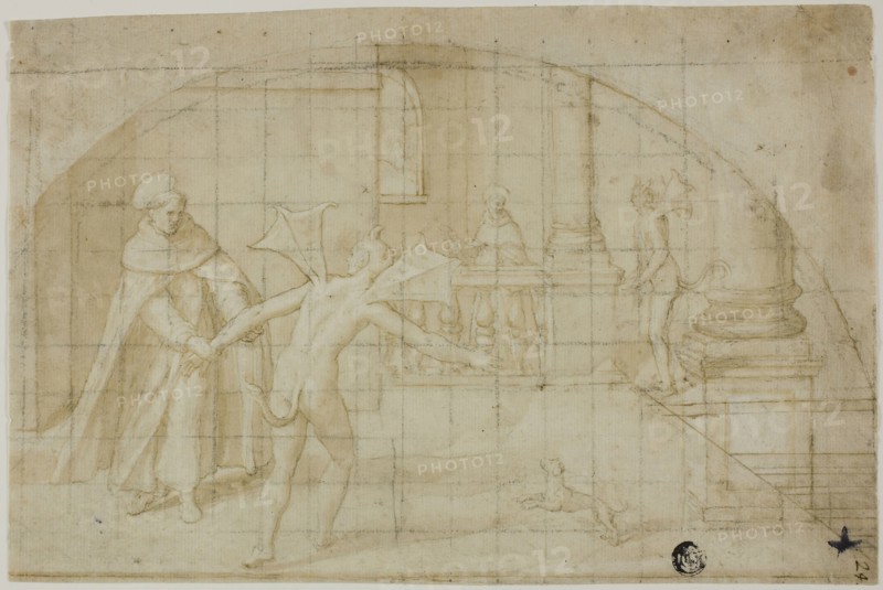 Design for a Lunette: Devils and Saint in a Monastery, 1604/12, Attributed to Bernardino Poccetti, Italian, 1548-1612, Italy, Pen and brown ink with brush and brown wash, heightened with lead white, on buff laid paper, squared in black chalk, 173 x 260 mm (max.)
