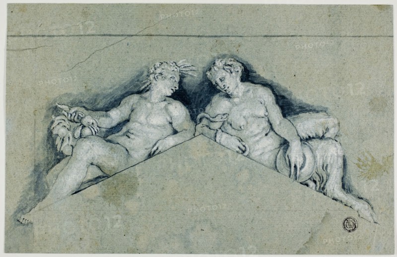 Overdoor with Allegorical Male Figure, 17th century, Paolo Caliari, called Veronese, after, Italian, 1528-1588, Italy, Brush and blue wash, heightened with lead white, on blue laid paper, 168 x 260 mm