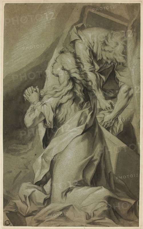 Kneeling Magdalene and Tomb Attendant, n.d., After Federico Barocci, Italian, c. 1535-1612, Italy, Black chalk and brush and black and gray wash, heightened with touches of white chalk, on gray-green laid paper, laid down on tan wove paper, drum mounted on ivory wove paper, 410 x 251 mm