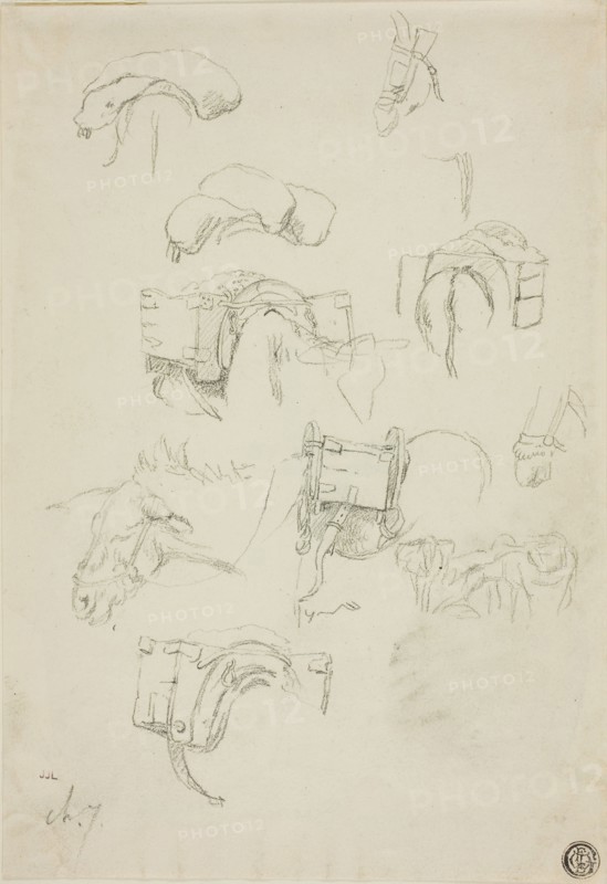 Sheet of Sketches: Details of a Donkey and Accoutrements, n.d., Attributed to Charles Émile Jacque, French, 1813-1894, France, Graphite on cream wove paper, 243 × 167 mm