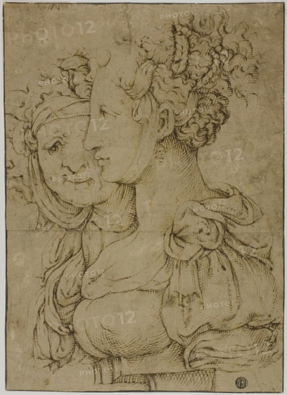 Old Matron and Young Woman, n.d., Attributed to Bartolomeo Passarotti, Italian, 1529-1592, Italy, Pen and brown ink on buff laid paper, 328 x 234 mm
