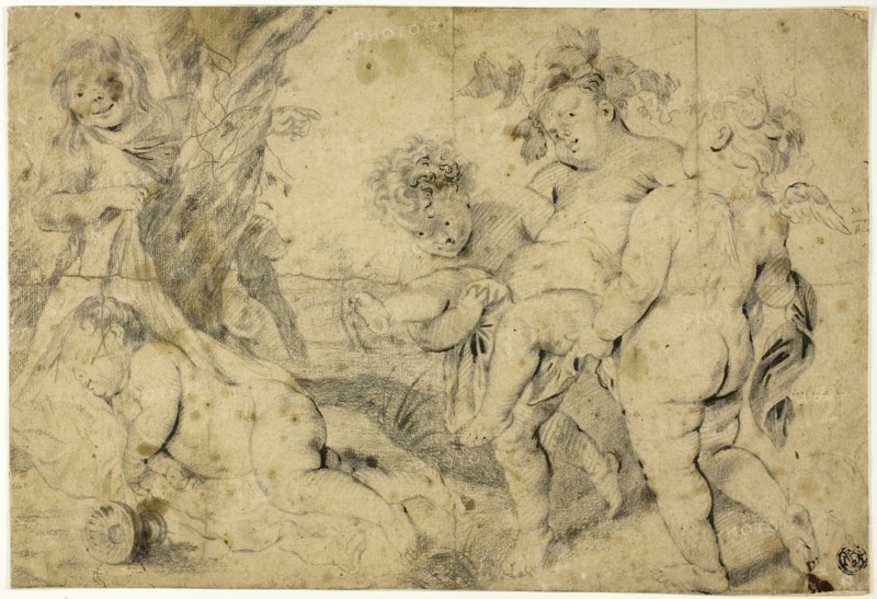 Young Bacchus and Companions, n.d., After Anthony van Dyck (Flemish, 1599-1641), or Hans Jordaens, I (Dutch, c. 1572-1630), or the school of Peter Paul Rubens (Flemish, 1577-1640), Flanders, Red chalk on ivory laid paper, laid down on board, 315 × 226 mm