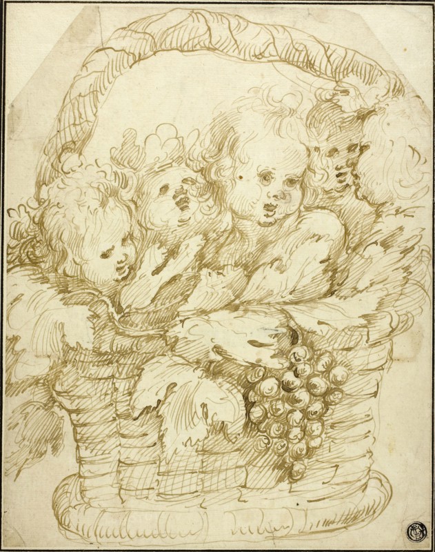 Basket of Cupids, n.d., Attributed to Jan Boeckhorst, Flemish, born Germany, about 1604–1668, Flanders, Pen and brown ink on ivory laid paper, laid down on ivory laid paper (chine collé), 269 × 213 mm (sheet), 310 × 251 (secondary support)
