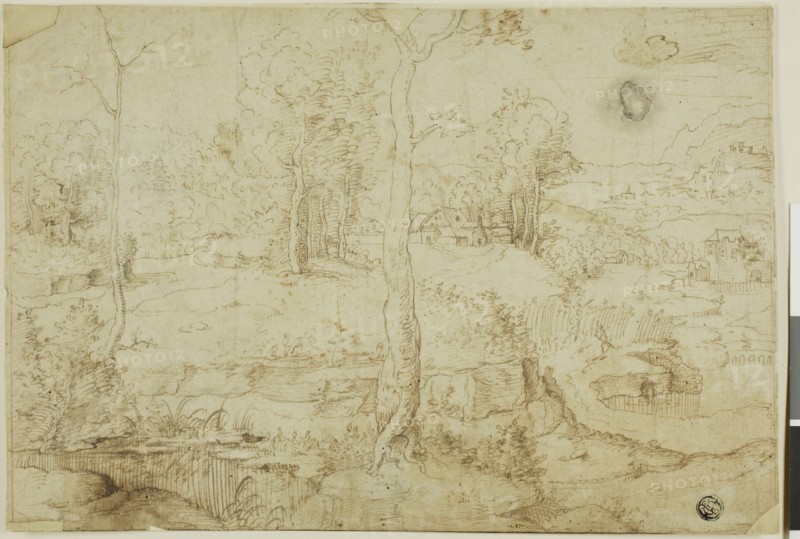 Landscape with Tree in Center, n.d., After Cornelius Massys, Flemish, c. 1511-after 1560, Netherlands, Pen and brown ink on ivory paper, laid down on ivory laid paper, 202 x 297 mm