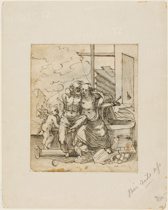 Venus in Vulcan’s Forge (recto), Geometry (verso), c. 1607, Hermann Weyer (German, c. 1596-1621), or Bartholomaeus Spranger (Flemish, 1546-1611), Germany, Pen and black ink with brush and gray wash (recto), and pen and gray ink with brush and gray wash heightened with lead white (verso), on ivory laid paper, 186 x 157 mm