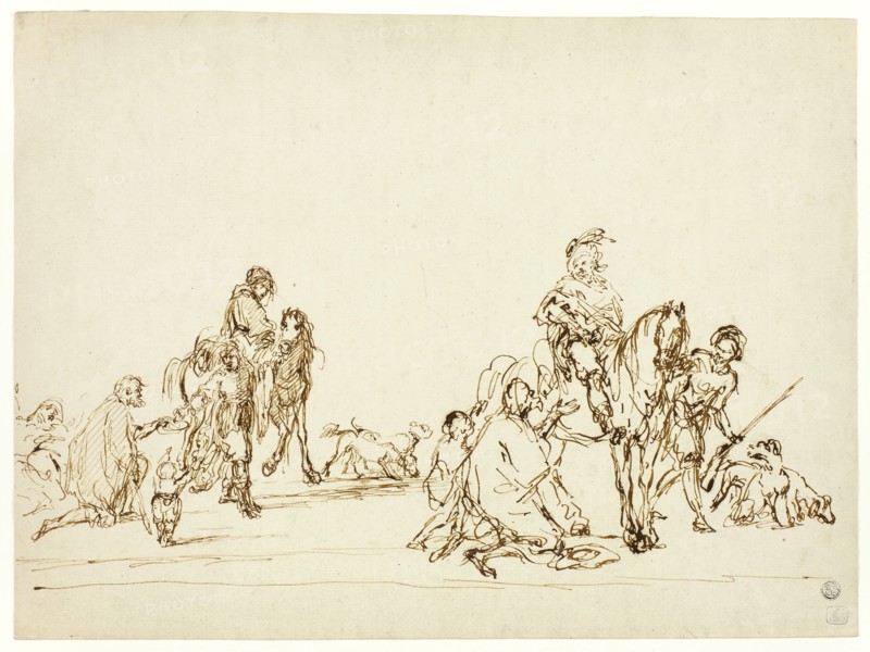 Hunters Giving Alms to Beggars, n.d., Attributed to Carel van Falens, Flemish, 1683-1733, Flanders, Pen and brown ink on ivory laid paper, 320 × 432 mm