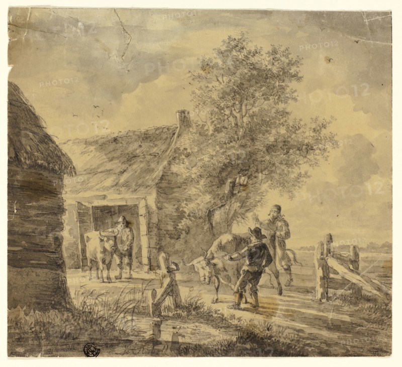 Farm with Men and Cows, n.d., Possibly Ferdinand Kobell, German, 1740-1799, Germany, Brush and gray and blue wash over graphite on tan wove paper, 210 x 231 mm