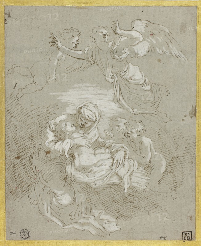Madonna and Child with Angels, c. 1700, Attributed to Johann Carl Loth (German, 1632-1698) or follower of, or possibly Paul von Strudel und Vochberg (Austrian, 1648-1708), or possibly after Giovanni Benedetto Castiglione (Italian, 1609-1664), Germany, Pen and brown ink, heightened with white gouache, on gray laid paper with blue fibers, laid down on ivory laid card, 219 x 180 mm