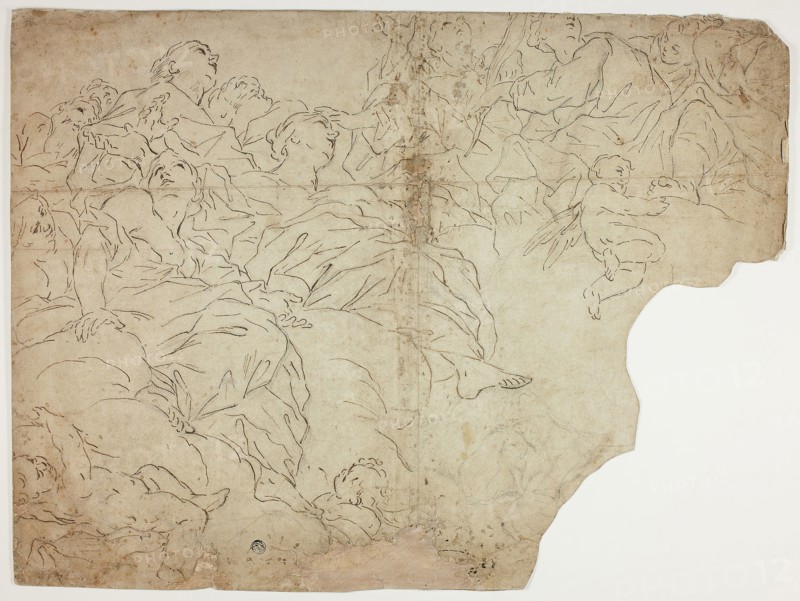Saints, or Allegorical Figures and Putti on Clouds, n.d., Attributed to Giovanni Battista Beinaschi (Italian, 1636-1688), or Antonio Allegri, called Correggio (Italian, c. 1489-1534), Italy, Pen and brown ink, with charcoal, on buff laid paper, laid down on cream laid paper, 401 x 536 mm