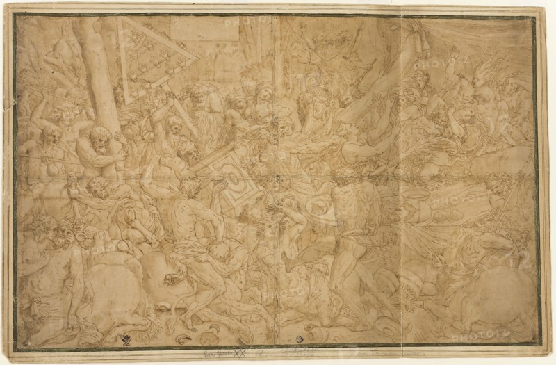 Battle of Lapiths and Centaurs, n.d., Unknown Artist, Italian, late 16th Century, Italy, Pen and brown ink with brush and brown wash, over black chalk, on tan laid paper laid down on cream laid paper, 444 x 699 mm (max.)