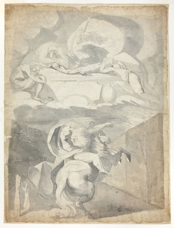 Odin in the Underworld, 1770/72, Henry Fuseli, Swiss, active in England, 1741-1825, England, Brush and gray wash and graphite, with touches of pen and brown ink and red chalk, on cream laid paper, 586 × 444 mm