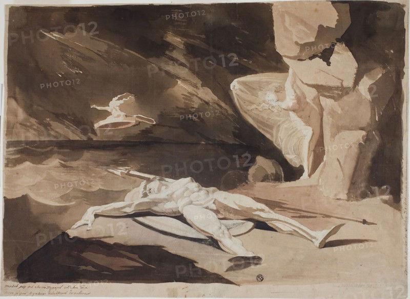Thetis Mourning the Body of Achilles, 1780, Henry Fuseli, Swiss, active in England, 1741-1825, England, Brush and brown and brownish-red wash, over graphite, on cream laid paper, 410 × 557 mm
