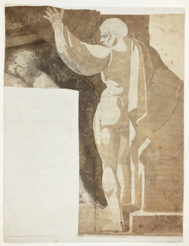 Male Figure with Left Arm Raised Seen from the Back, and Fragment of Old Man, 1770/75, Henry Fuseli, Swiss, active in England, 1741-1825, England, Brush and brown wash, heightened with white gouache, over graphite, on cream laid paper, laid down on ivory laid paper, laid down on ivory laid paper, 573 × 462 mm