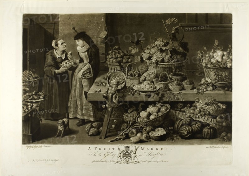 A Fruit Market, from The Houghton Gallery, 1775, Richard Earlom (British, 1743–1822), after Frans Snyders (Flemish, 1579-1657), intermediary drawing by Joseph Farington (British, 1747-1821), published by John Boydell (British, 1719-1804), England, Mezzotint with engraving in black ink on ivory wove paper, 359 × 572 mm (image), 415 × 576 mm (plate), 500 × 672 mm (sheet)
