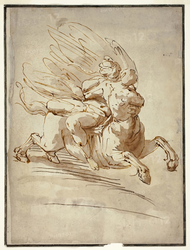Rape of Deianira, after c. 1575, After Luca Cambiaso, Italian, 1527-1585, Italy, Pen and brown and reddish brown ink with brush and reddish brown wash, on ivory laid paper, laid down on ivory laid paper, 381 x 281 mm (max.)