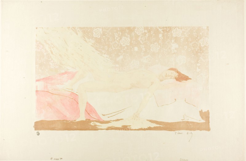Danaë, 1894, Alexandre Lunois, French, 1863-1916, France, Lithograph in brown, pink and yellow on cream laid Japanese paper, 234 × 395 mm (image), 359 × 544 mm (sheet)