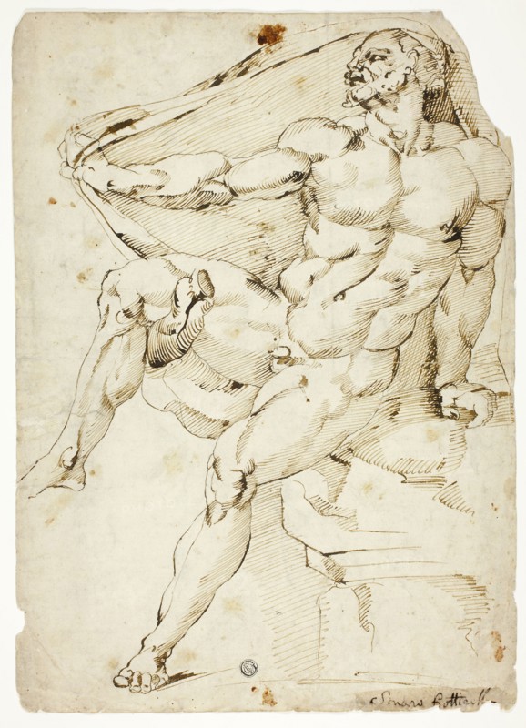Academic Male Nude Representing Hercules with Nessus’s Robe (recto and verso), n.d., After Baccio Bandinelli, Italian, 1493-1560, Italy, Pen and brown ink over traces of black chalk (recto and verso), on ivory laid paper, 398 x 284 mm