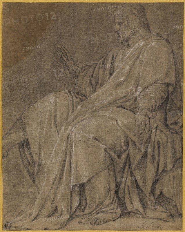 Study for Saint Louis Healing the Sick, c. 1654, Eustache Le Sueur, French, 1617-1655, France, Black chalk, heightened with white chalk, on brown laid paper, laid down on cream laid card, 340 × 270 mm
