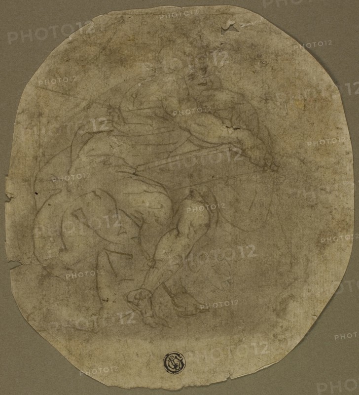 Seated Male Figure with Large Tablet (recto), Figure Study (verso), n.d., Follower of Luca Cambiaso, Italian, 1527-1585, Italy, Pen and brown ink with brush and brown wash, over traces of graphite (recto), and graphite (verso), on oval shaped brown laid paper, 171 x 156 mm