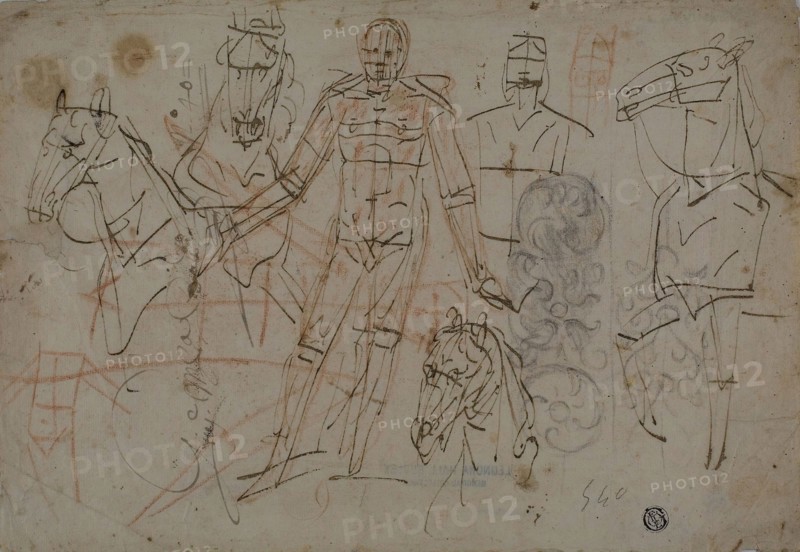 Sketches of Men, Horses, and Decorative Design, 1596/98, Attributed to Pietro Sorri, Italian, 1556-1622, Italy, Pen and brown ink with red and black chalk, on cream laid paper, 215 x 312 mm (max.)