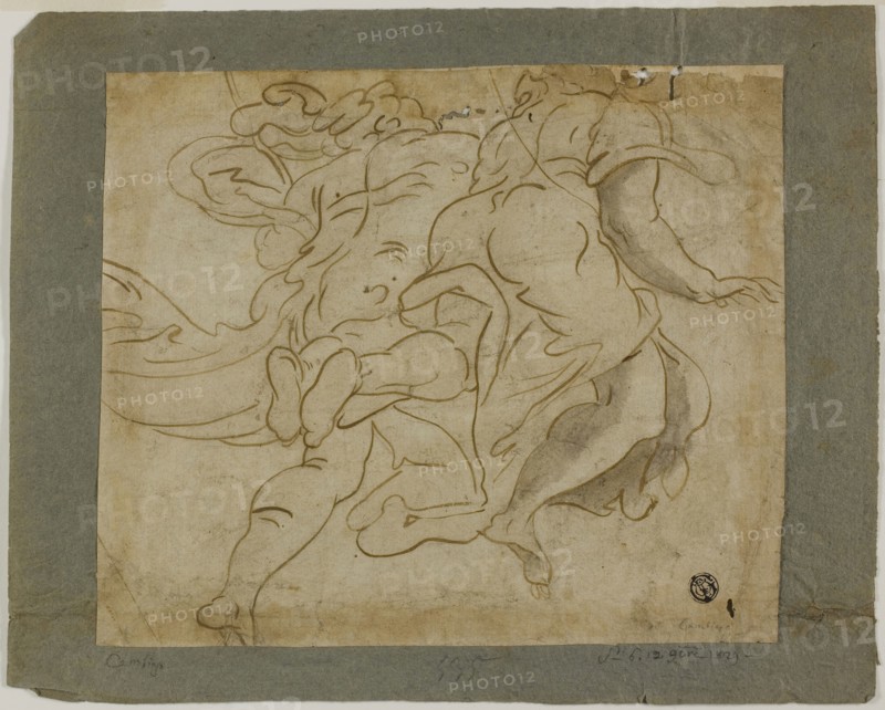 Two Figures Ascending, 1560/70, Follower of Luca Cambiaso, Italian, 1527-1585, Italy, Pen and brown ink over traces of graphite, heightened with lead white (partially oxidized), on tan laid paper, laid down on blue laid paper, 197 x 234 mm (max.)
