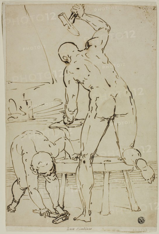 Vulcan’s Forge, c. 1570, Attributed to Luca Cambiaso, Italian, 1527-1585, Italy, Pen and iron gall ink with traces of black chalk, on cream laid paper, laid down on ivory laid paper, 312 x 215 mm (max.)