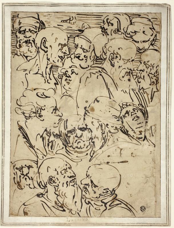 Sketches of Heads, c. 1565, After Luca Cambiaso, Italian, 1527-1585, Italy, Pen and brown ink, on tan laid paper, laid down on ivory laid paper, 356 x 258 mm (max.)