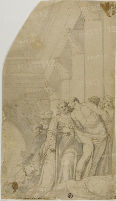 Christ Healing the Sick at the Pool of Bethesda, 17th century, After Paolo Caliari, called Veronese, Italian, 1528-1588, Italy, Pen and brown ink with brush and gray wash, over traces of black chalk, on tan laid paper, 372 x 214 mm (max.)