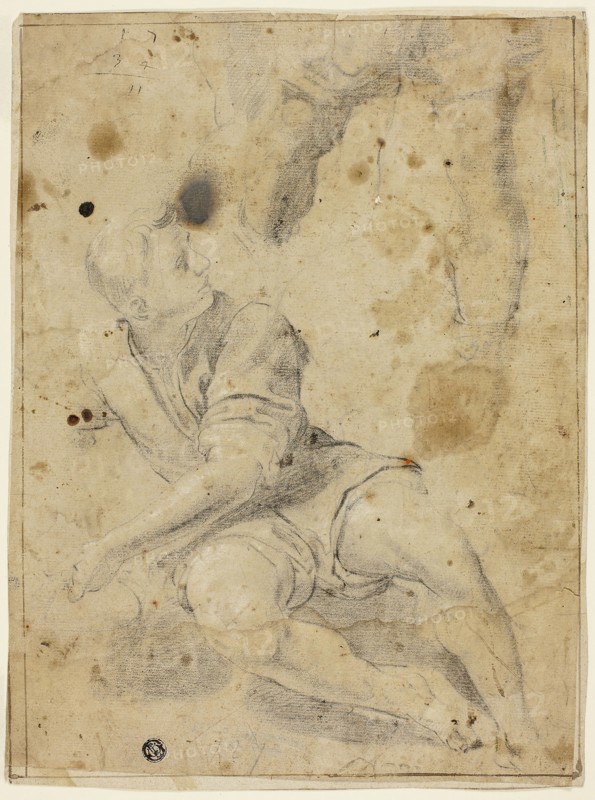 Seated Youth and Sketch of Legs, n.d., Attributed to the Circle of Domenichino (Italian, 1581-1641), or Lodovico Carracci (Italian, 1555-1619), or Carlo Bononi (Italian, 1569-1632), Italy, Black chalk, heightened with touches of white chalk, on tan laid paper, partially laid down on buff laid paper, 328 x 245 mm