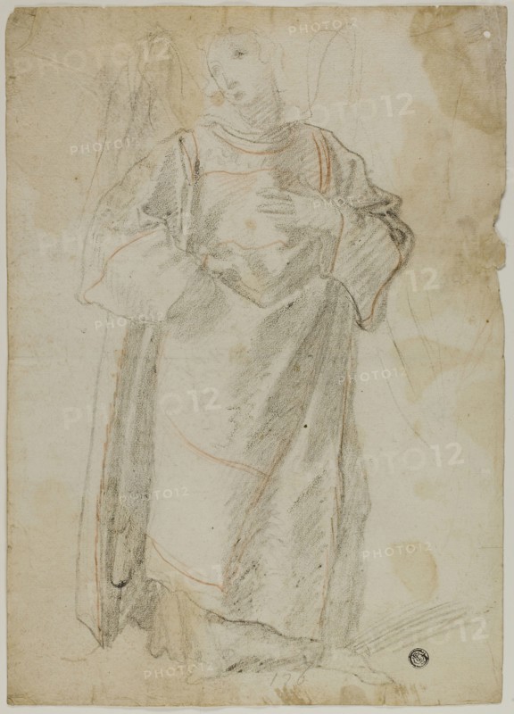 Standing Angel (recto), Study of Face and Drapery (verso), n.d., Probably Domenico Fiasella (Italian, 1589-1669), or possibly Bernardo Strozzi (Italian, 1581-1644), or possibly Lodovico Carracci (Italian, 1555-1619), Italy, Black and red chalk (recto), and red chalk (verso), on ivory laid paper, 355 x 255 mm