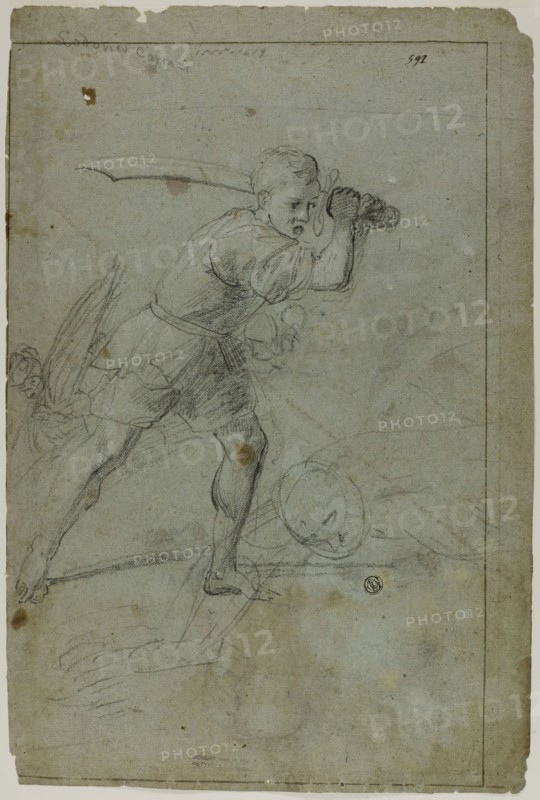 David Beheading Goliath (recto), Sketch of Draped Female Figure with Right Arm Raised Above Head (verso), n.d. (recto), c. 1621 (verso), Probably Domenico Fiasella (Italian, 1589-1669), or possibly Lodovico Carracci (Italian, 1555-1619), Italy, Black chalk, heightened with white chalk (recto and verso), on blue laid paper, 401 x 248 mm